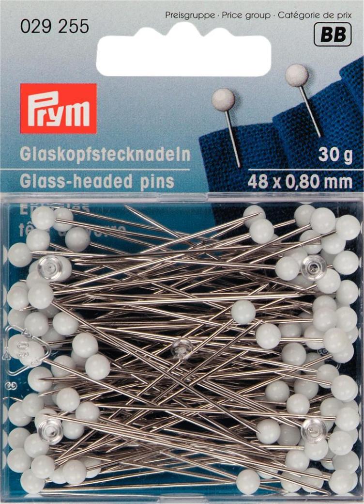 Prym Glaskopfstecknadeln, weiss / 0.80 x 48 mm, Karte 30 g, Stahl